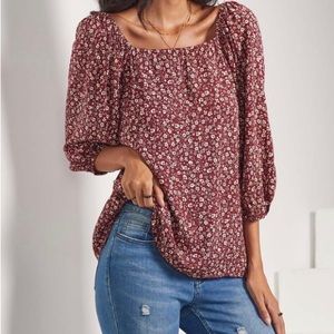 NWT Burgundy and Camel Floral Square Neck Balloon Sleeve Top